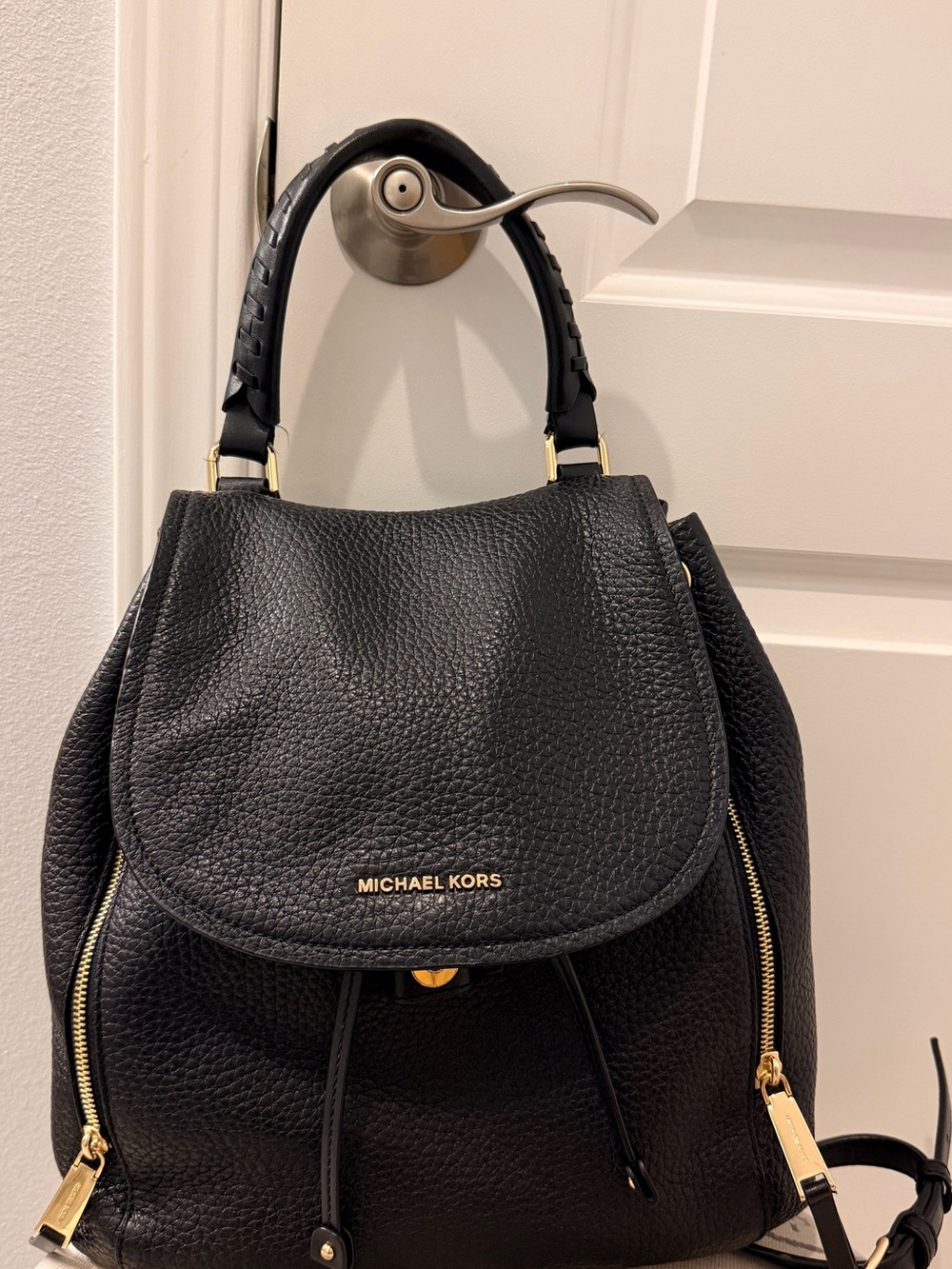 MICHAEL KORS Black Pebbled Leather Drawstring Backpack with Gold Hardware